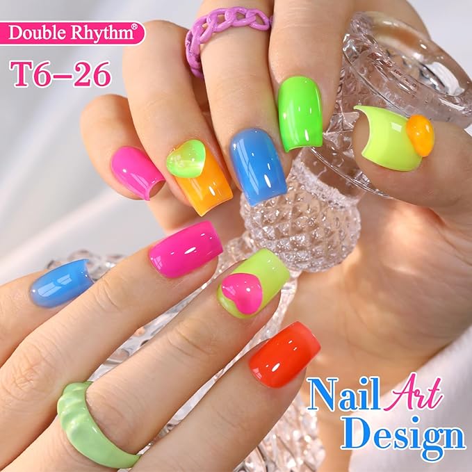 Double Rhythm 6 Pcs 15 ML Gel Polish Set Same Color Same Bottle Soak Off Gel Polish Kit Nail Art Manicure Salon DIY at Home for Women (Jelly Neon Pink Blue Red Green-T6-26)-BrightBean Baby