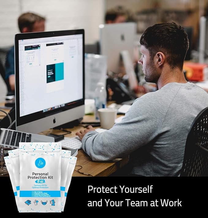 Personal Protection Kit TO GO, Mini 4 Item PPE Kit for travel and school | Includes 1 Each of Face Covering, Gloves, Cleansing Wipes & Hand Cleansing Gel | 10 - Pack (Light Blue)-BrightBean Baby