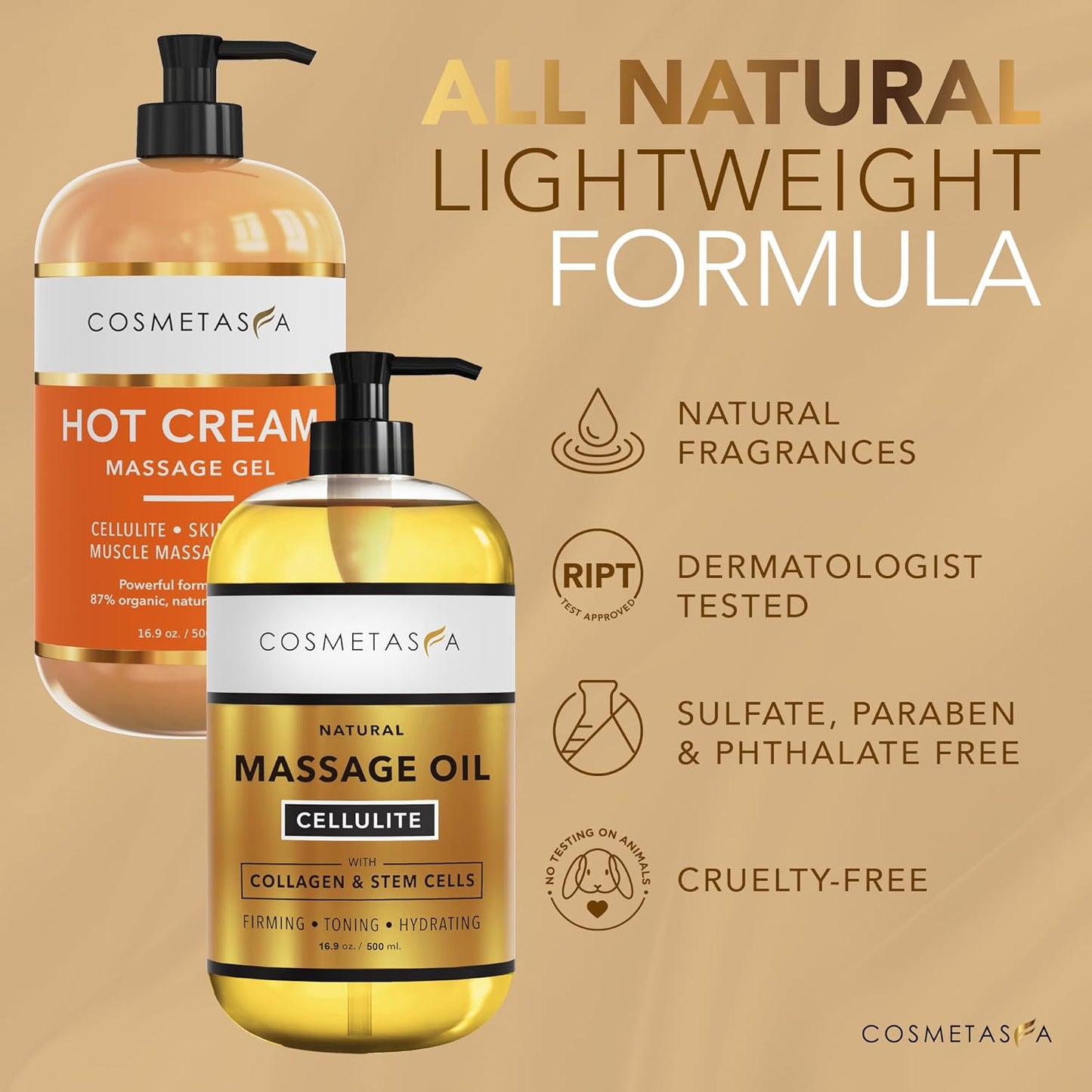 Cellulite Massage Oil & Hot Cream - 100% Natural Cellulite Oil & Gel, Highly Absorbable, Firm, Tone, Tighten & Moisturize Skin - Soothes Muscles (16.9 Fl Oz Each Bottle)-BrightBean Baby