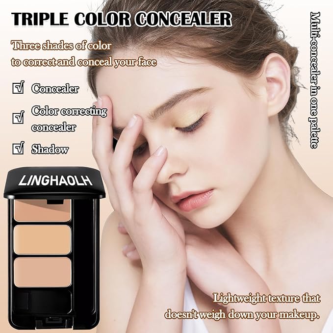 3 Colors Corrector Palette,Full Coverage Cream Concealer Liquid Foundation with Brush,Waterproof Color Correcting Concealer Long Lasting Foundation Contour Makeup Palette for Women-BrightBean Baby
