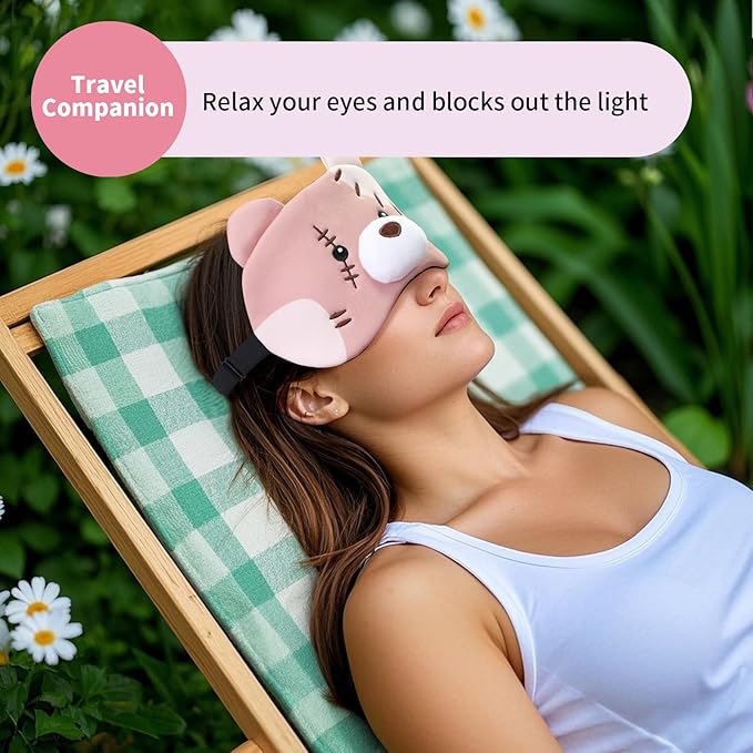 PERFECTSIGHT Sleep Eye Masks, Cute Plush Sleep Eye Cover Lightweight Adjustable Eyeshade Faux Fur Mask Cover for Women Men Kids Sleep Travel Nap, Big Eye Girl, Purple Nose, Brown Pudding Bear-BrightBean Baby