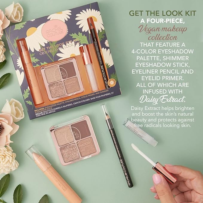 Rachel Couture Get the Look Eye & Lip Makeup Kit with Eyeshadow Palette, Eyeliner Pencil, & Eyelid Primer | Infused with Daisy Extract | Vegan & Cruelty-Free-BrightBean Baby