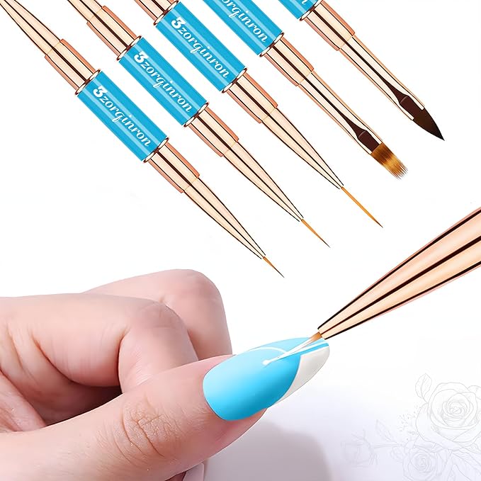 Nail Art Bushes Set, Professional 5Pcs Double-Ended Nail Brush Kit for Details, Long Lines, Ombre & 3D Design-Perfect for DIY Manicures & Salons (Blue)-BrightBean Baby