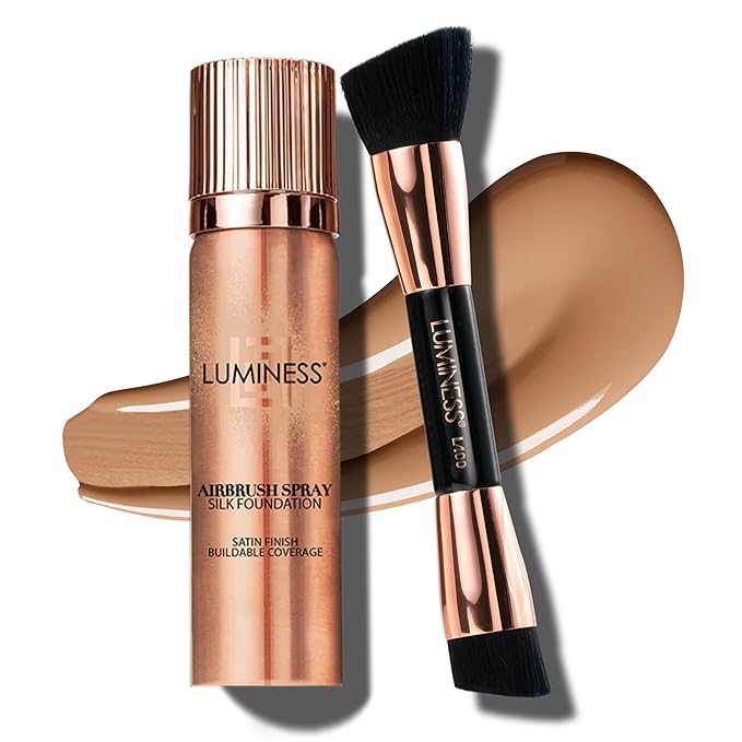 LUMINESS Silk Airbrush Spray Foundation 2-PC Kit - Foundation & Dual-Sided Angled Makeup Brush - Buildable Coverage, Anti-Aging Formula, Humidity Resistant, Hydrates & Moisturizes, Warm-BrightBean Baby