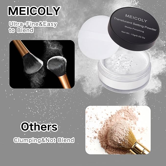 MEICOLY Talc-Free Setting Powder with Sifter,Long Lasting Loose Face Powder,Translucent Powder Colorset Powder,Matte Finishing White Face Paint Setting Powder for Halloween SFX Makeup,Oil Control-BrightBean Baby