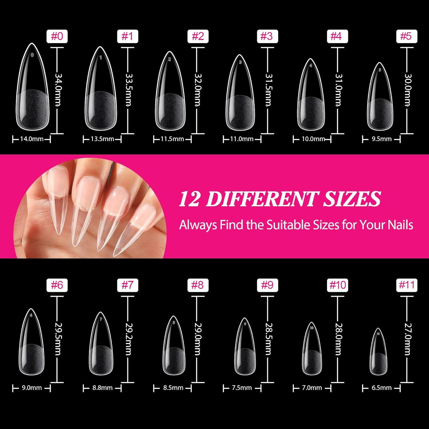 UNA GELLA Long Stiletto Gel Nail Tips Halloween Full Cover 504PCS Pre-shape Long Stiletto Almond Fake Clear Nails Tips No Need File Gel Tips No C Curve for Nail Extension DIY Art Salon 12 Sizes-BrightBean Baby