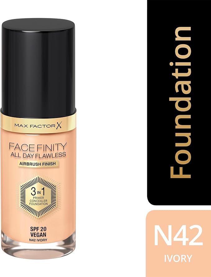 Max Factor Facefinity 3-in-1 All Day Flawless Liquid Foundation, SPF 20-42 Ivory, 30 ml-BrightBean Baby