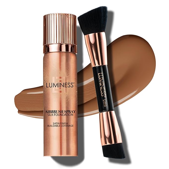 LUMINESS Silk Airbrush Spray Foundation & Buffing Brush Kit – Full Coverage Foundation & Dual-Sided Buffing Brush - Buildable Coverage, Anti-Aging Formula Hydrates & Moisturizes (Shade - Tan Dark)-BrightBean Baby