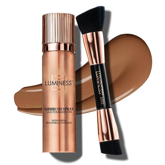 LUMINESS Silk Airbrush Spray Foundation & Buffing Brush Kit – Full Coverage Foundation & Dual-Sided Buffing Brush - Buildable Coverage, Anti-Aging Formula Hydrates & Moisturizes (Shade - Tan Dark)-BrightBean Baby