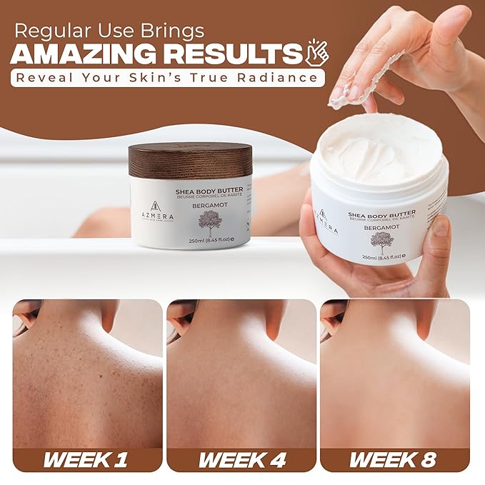 AZMERA Handcrafted Whipped Shea Body Butter – Luxurious Moisturizer for Dry, Sensitive Skin with Bergamot, Argan Oil & Vitamin E – Vegan, Non-Greasy Skincare – 8.82 oz-BrightBean Baby