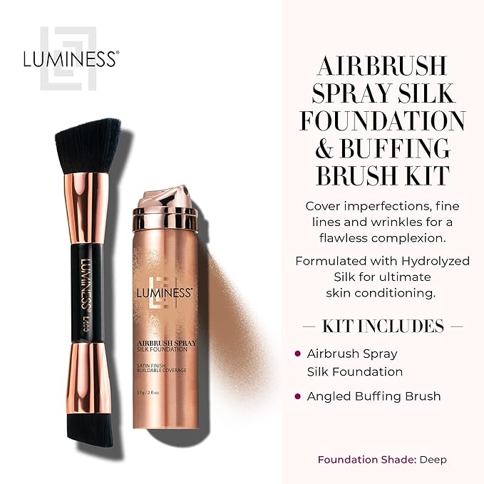 LUMINESS Silk Airbrush Spray Foundation & Buffing Brush Kit – Full Coverage Foundation & Dual-Sided Buffing Brush - Buildable Coverage, Anti-Aging Formula Hydrates & Moisturizes (Shade - Deep)-BrightBean Baby