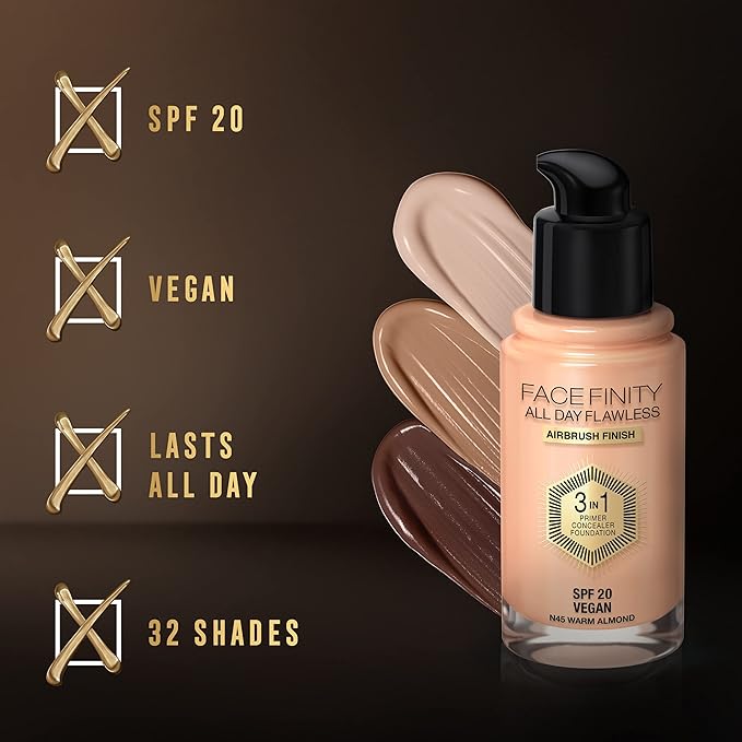 Max Factor Facefinity All Day Flawless 3 In 1 Foundation SPF 20, No. 45 Warm Almond-BrightBean Baby