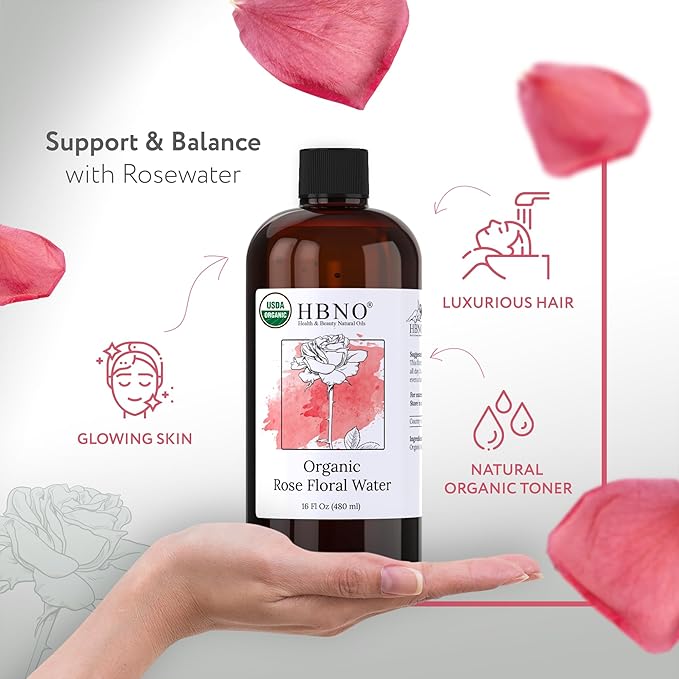 HBNO California Bottled Organic Rose Water for Face Huge 16 fl oz (480ml) Value Size - USDA Certified for Face - Pure Rose Water for Hair - Rosewater for Skincare, Haircare-BrightBean Baby