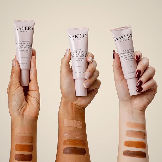 Nakery Skip the Line Full Coverage Foundation for Women - Plumping Velvet Womens Foundation Makeup Matte Finish - Age Defying Foundation - Moisturizing Foundation with Smart Color Adapt - Medium Deep-BrightBean Baby