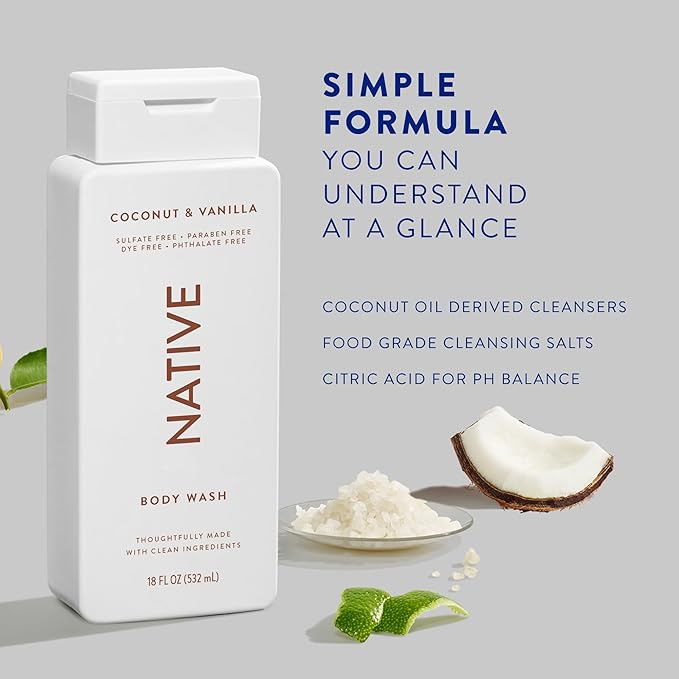 Native Body Wash Contains Naturally Derived Ingredients | For Women & Men, Sulfate, Paraben, & Dye Free Leaving Skin Soft and Hydrated | Coconut & Vanilla 18 oz - 2 Pk-BrightBean Baby