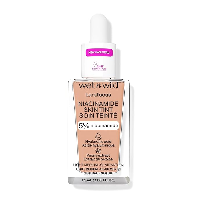 wet n wild Bare Focus Skin Tint, 5% Niacinamide Enriched,Buildable Sheer Lightweight Coverage,Natural Radiant Finish,Hyaluronic & Vitamin Hydration Boost,Cruelty-Free & Vegan-Light Medium Sand-BrightBean Baby