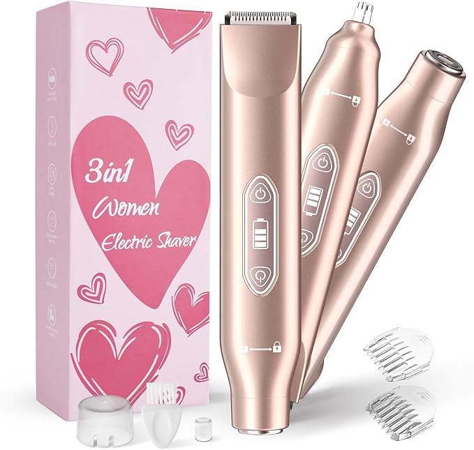 Bikini Trimmer for Women,3 in 1 Electric Razor with Ceramic Blades, IPX7 Waterproof, USB Rechargeable, Painless Hair Removal for Face,Body,Bikini Area, Travel Grooming Kit (Rose Gold)-BrightBean Baby