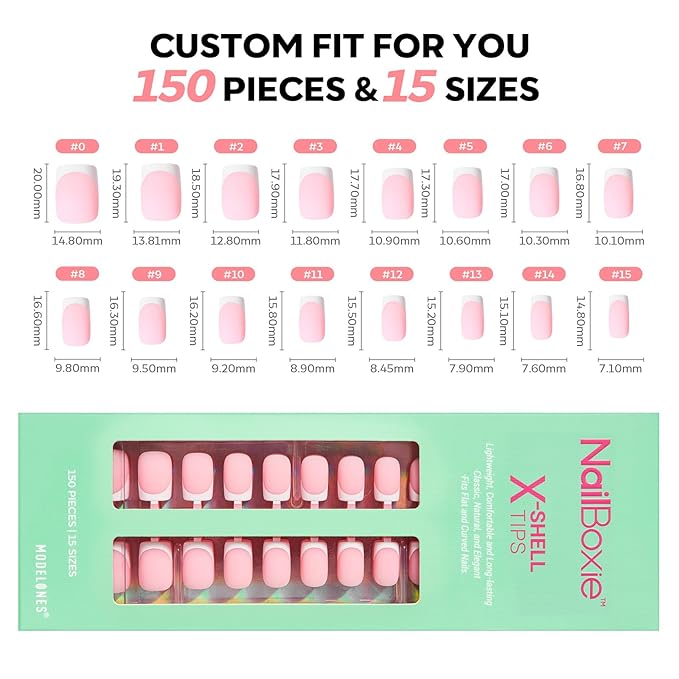 modelones French Tip Press on Nails, Short Square Fake Nails with Nail Box, Pink & White Gel Nail Tips for Women, Soft Glue-On Nails for Natural Salon Look, DIY Nail Art Kit-BrightBean Baby