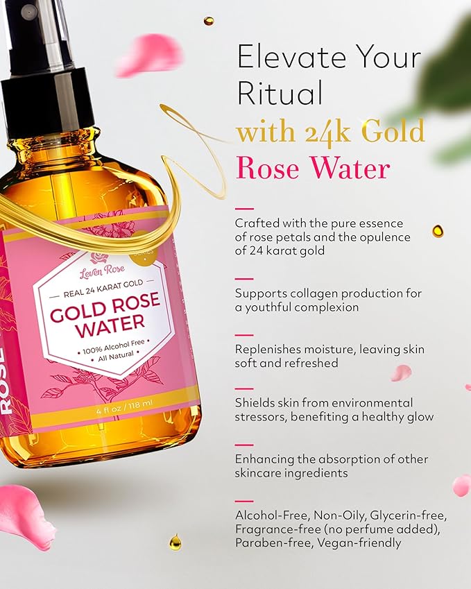 24 Karat Gold Rose Water Toner by Leven Rose Natural Moroccan 24K Rosewater Toner 4 oz-BrightBean Baby