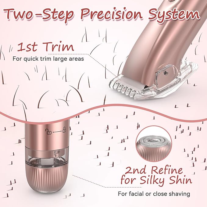 Bikini Trimmer for Women - 2 in 1 Electric Body Hair Trimmer for Silky Skin, Cordless Body Shaver for Travel, IPX7 Waterproof & Easy to Clean, Replaceable Ceramic Blade Heads, Rose Gold-BrightBean Baby