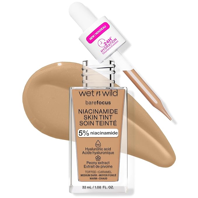 wet n wild Bare Focus Skin Tint, 5% Niacinamide Enriched, Buildable Sheer Lightweight Coverage, Natural Radiant Finish, Hyaluronic & Vitamin Hydration Boost, Cruelty-Free & Vegan - Toffee-BrightBean Baby