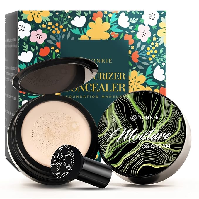 Mushroom Head Foundation, Moisturizing Concealer, Bright Makeup Base Long Lasting with Mushroom Makeup Sponge, Mirror inside,Easy to Apply, black-BrightBean Baby
