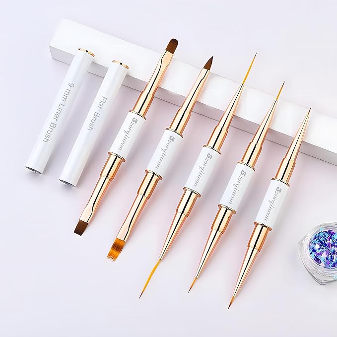 Nail Art Bushes Set, Professional 5Pcs Double-Ended Nail Brush Kit for Details, Long Lines, Ombre & 3D Design-Perfect for DIY Manicures & Salons (White)-BrightBean Baby