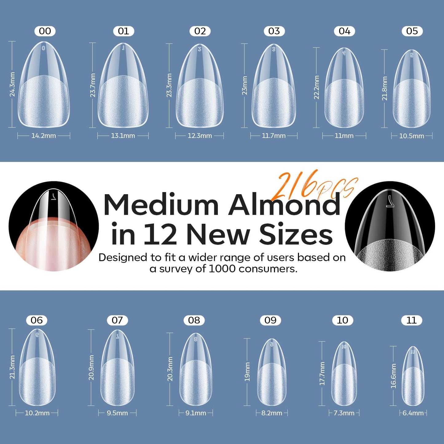 modelones Medium Almond Gel Nail Tips Kit, 9-in-One Nail Glue with Portable U V Lamp 216Pcs 12Sizes Pre-Etched Press ons Fake Acrylic Extension Kit DIY Salon Gift for Women-BrightBean Baby