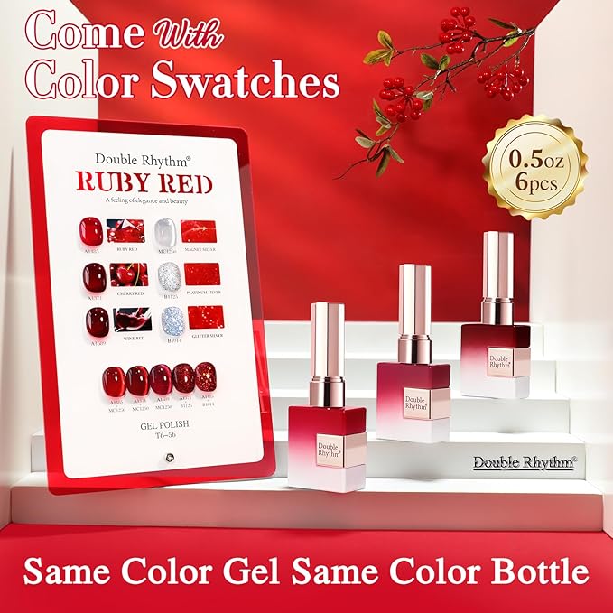 Double Rhythm 6 Pcs 15 ML Gel Polish Set Same Color Same Bottle Soak Off Gel Polish Kit Nail Art Manicure Salon DIY at Home for Women (Jelly Burgundy Red Glitter Silver -T6-56)-BrightBean Baby