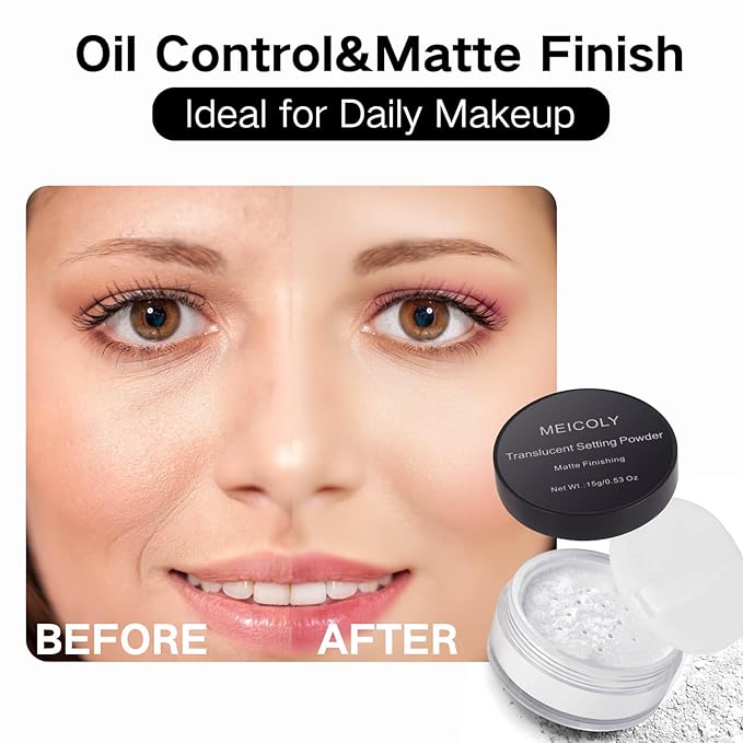 MEICOLY Talc-Free Setting Powder with Sifter,Long Lasting Loose Face Powder,Translucent Powder Colorset Powder,Matte Finishing White Face Paint Setting Powder for Halloween SFX Makeup,Oil Control-BrightBean Baby