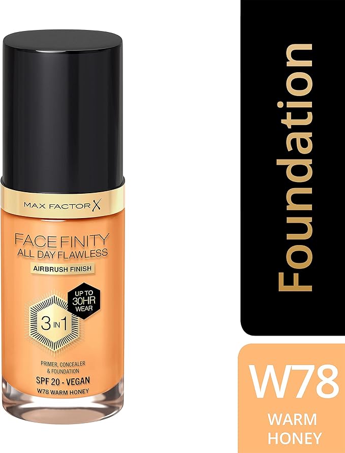 Max Factor Facefinity 3-in-1 All Day Flawless Liquid Foundation, SPF 20-78 Warm Honey, 30 ml-BrightBean Baby