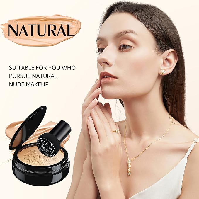 Mushroom Head Air Cushion CC Cream Foundation - Moisturizing & Long-Lasting BB Cream Concealer Makeup Base for All Skin Types, Brighten Long - Lasting Even Color Correcting Concealer (Natural)-BrightBean Baby