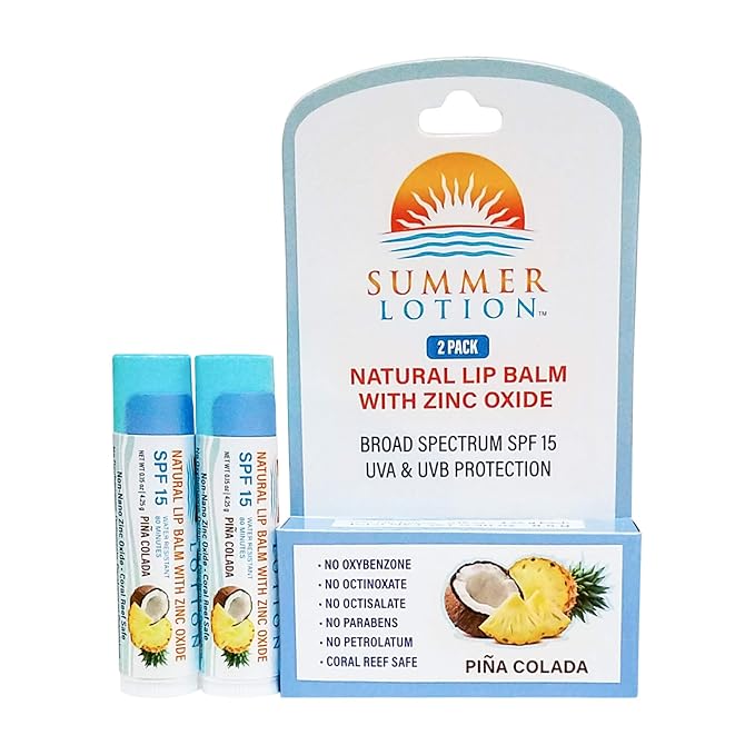 Natural Lip Balm with Zinc Oxide Sunblock by Summer Lotion, SPF 15 Lip Sunscreen 2-Pack, Water Resistant Chapstick, SPF Lip Protection for Everyone, (Pina Colada)-BrightBean Baby