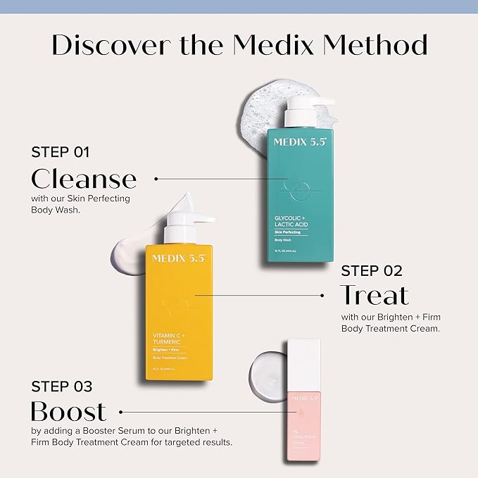 MEDIX 5.5 Exfoliating AHA Glycolic Acid Face & Body Scrub Cleanser + Vitamin C Moisturizing Body Cream Lotion Skin Care 2PC Set | Alpha Hydroxy Acid & Lactic Acid Foaming Body Wash & Face Wash, 2-PC-BrightBean Baby