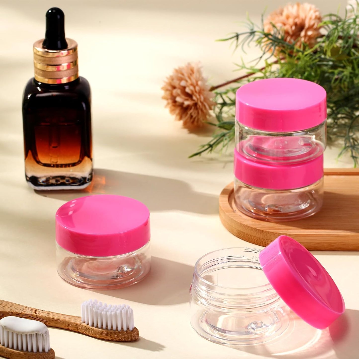 SATINIOR 100 Pcs Plastic Jars with Lids Small Containers Lids Wide Mouth Small Plastic Containers for Lotion Cream Rhinestones Body Butters Travel Storage(1 oz,Pink)-BrightBean Baby