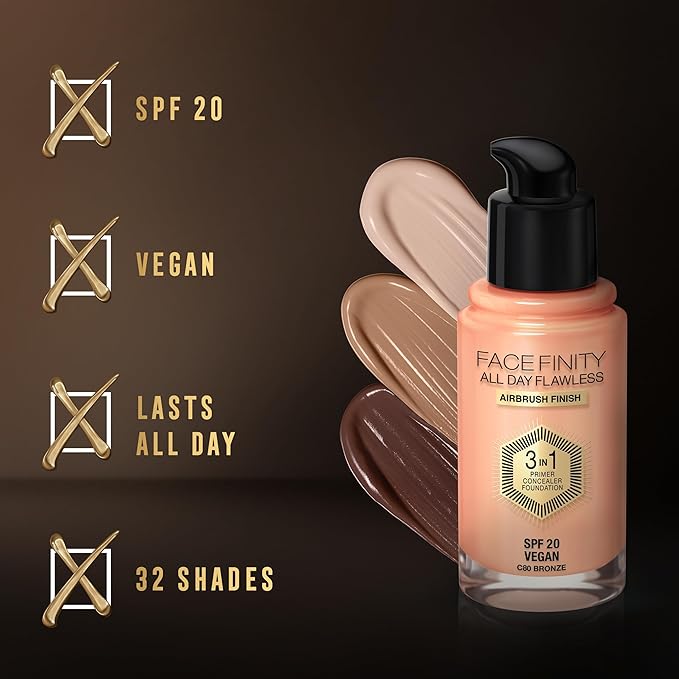 Max Factor Facefinity 3-in-1 All Day Flawless Liquid Foundation, SPF 20-62 Warm Beige, 30 ml-BrightBean Baby