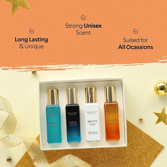 BellaVita Luxury Unisex Cologne Gift Set (4x20ml) | Fragrances Includes Honey OUD, SKAI, FRESH & White OUD | Travel Size Mini Perfumes & Spicy Vanilla Perfume Oil | Unisex Perfume for Women & Men-BrightBean Baby
