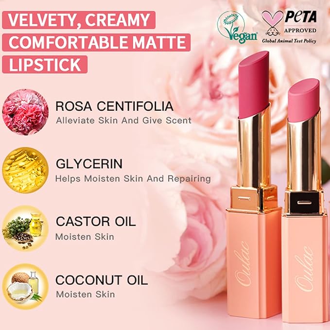Oulac Creamy Matte Lipstick for Women, Lipstick & Blush Duo, Magenta Soft Satin Finish Lipsticks with Moisturising Formula, Rich Color Lightweight Lip Balm, Rose Oil,Vegan & Cruelty-Free| 3.6g (Y03)-BrightBean Baby