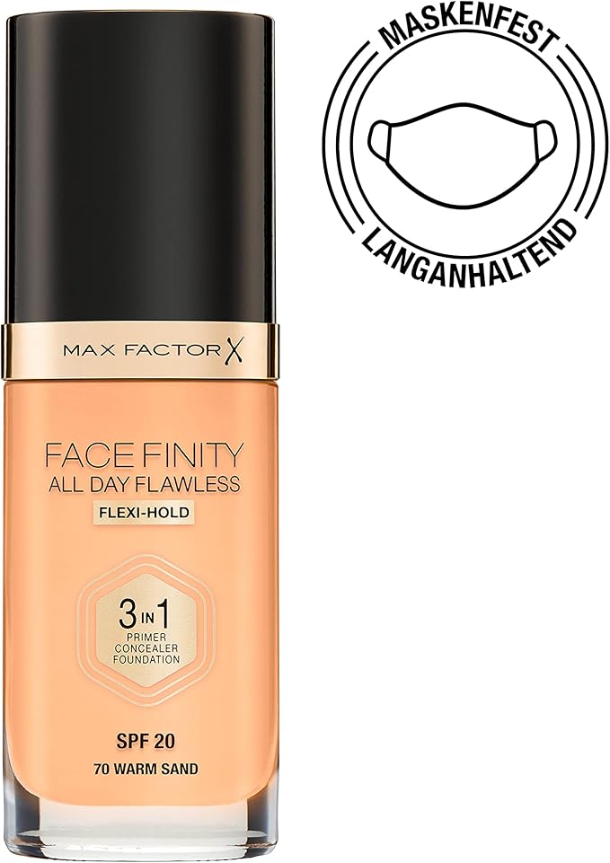 Max Factor Facefinity 3-in-1 All Day Flawless Liquid Foundation, SPF 20-70 Warm Sand, 30 ml-BrightBean Baby