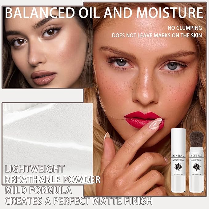 Mineral Sunscreen Setting Powder, SPF 35 Translucent Loose Powder, Mineral Brush Powder, Oil Control Natural Matte Finish, Lasting Lightweight Breathable for All Skin (#03 White)-BrightBean Baby