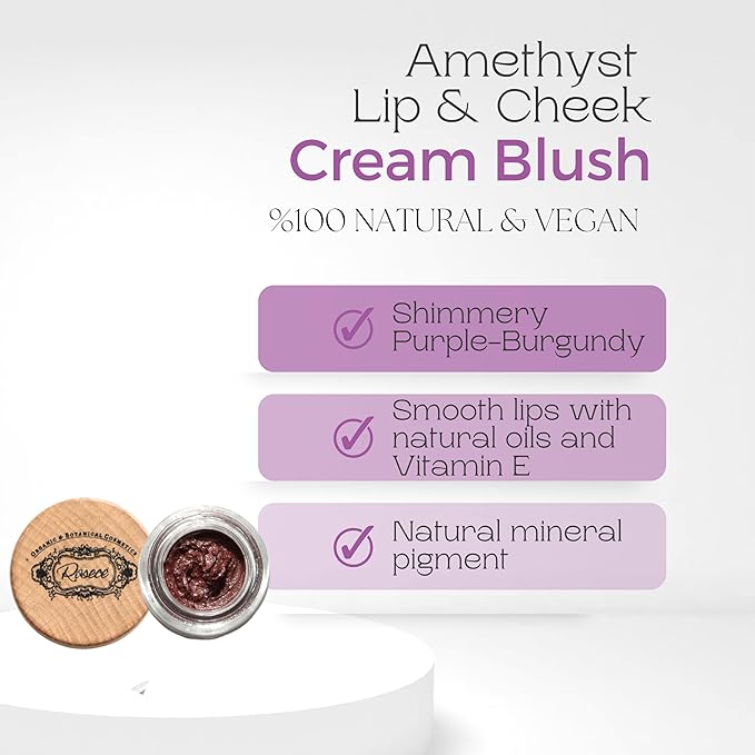 2-in-1 Cream Cheek Blush + Lip Color | Natural Mineral pigment | Soft Lips with natural oils and Vitamin E | 100% Plant ingredients, Vegan (Purple-burgundy/Shimmery-Amethyst, 0.25fl oz)