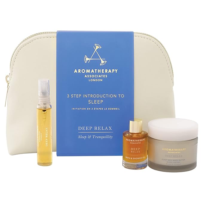 Aromatherapy Associates 3 Step Introduction to Sleep. Luxurious Gift Set Includes Deep Relax Bath and Shower Oil, Sleep Mist and Body Butter in a Vegan Leather Travel Bag (1 count)-BrightBean Baby