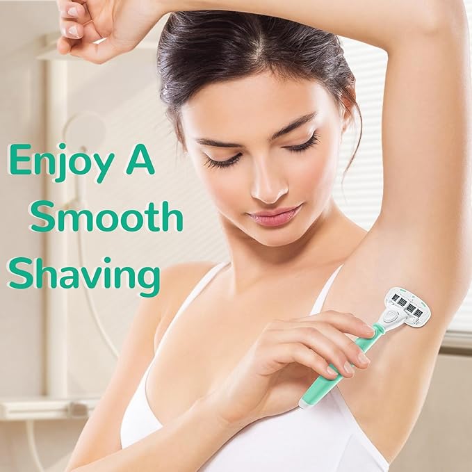 DreamGenius Razors for Women Include 2 Non-Slip Handles and 14 Blade Refills with a Shower Holder, 5 Premium Blades Women's Razors for Shaving with 360° Lubrication Reduces Irritation, Green
