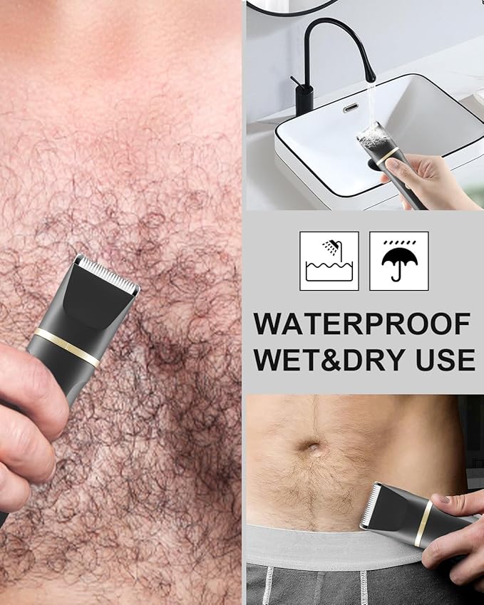 AREYZIN Body Hair Trimmer Men Painless Body Groomer & Ball Trimmer Men,3 in 1 Pubic Hair Trimmer,USB Recharge Dock,Replaceable Ceramic Blade Heads,IPX7,Mens Grooming Kits,Black