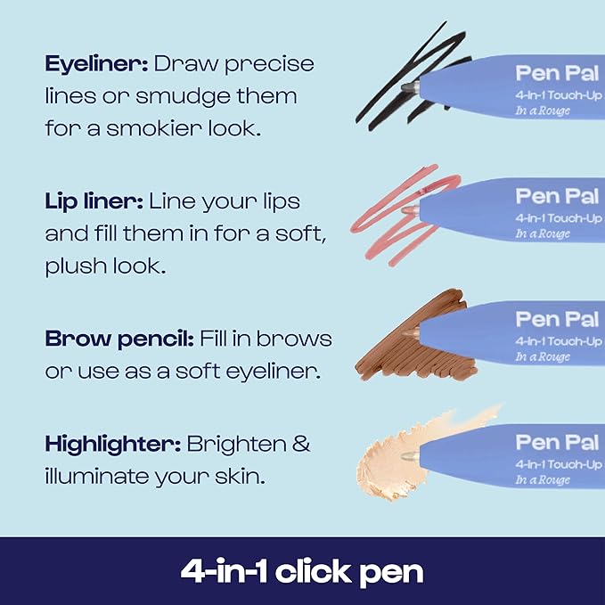 Alleyoop Pen Pal 4-in-1 Makeup Pen - Comes with Eyeliner, Highlighter, Lip Liner, and Eyebrow Pencil - Touch Up On the Go - Cruelty-Free, Vegan (In A Rouge (Light))-BrightBean Baby