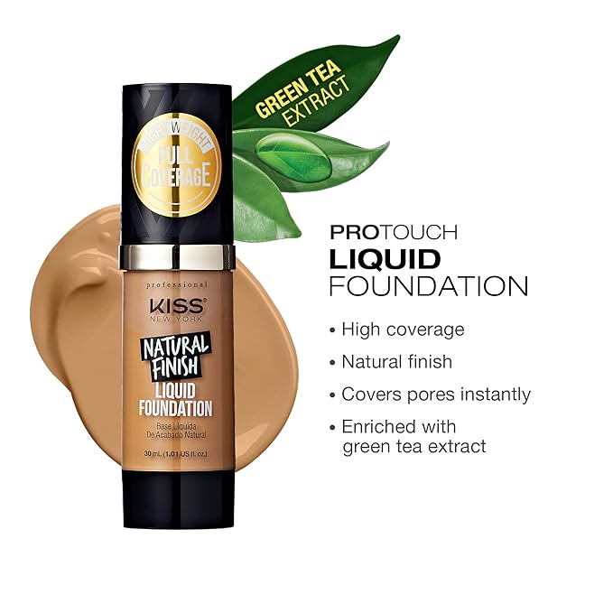 Kiss New York Professional Liquid Foundation - Lightweight and Hydrating Formula, Natural Finish, Control Shine, Cover Pores, Medium to Full Coverage, Green Tea Extract (Soft Tan)-BrightBean Baby