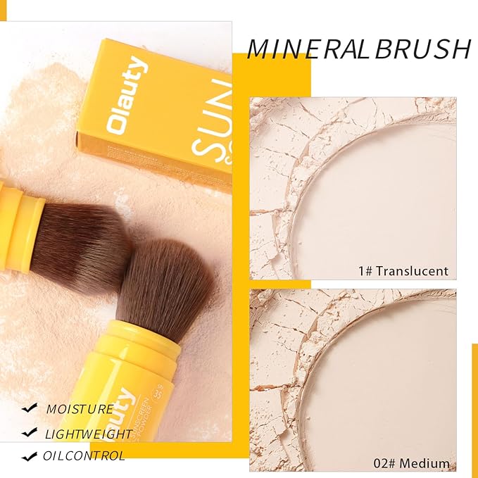 Mineral Sunscreen Setting Powder, SPF 35, Translucent Brush Setting Powder for Face, Long Lasting Oil Control Matte Loose Powder, Lightweight, Breathable (01# Translucent)-BrightBean Baby