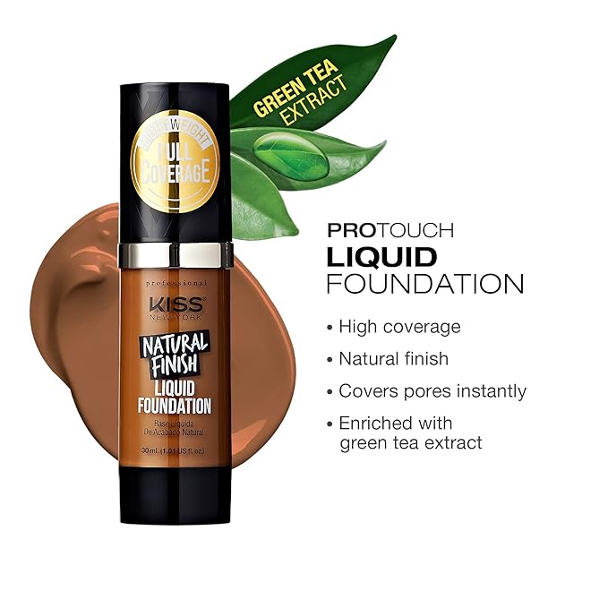 Kiss New York Professional Liquid Foundation - Lightweight and Hydrating Formula, Natural Finish, Control Shine, Cover Pores, Medium to Full Coverage, Green Tea Extract (Warm Coconut)-BrightBean Baby
