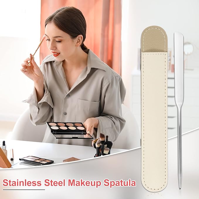 VOCOSTE 1 Set Stainless Steel Makeup Spatula, Liquid Foundation Spatula Tool with Faux Leather Case, Lipstick Nail Polish Mixing Palette Spatula, Beige-BrightBean Baby