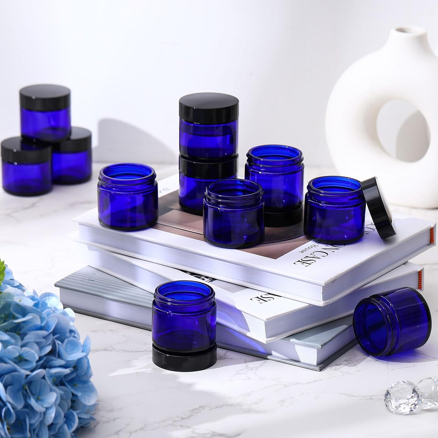 Domensi 32 Pcs 2 oz Glass Jars with Lids Travel Size Round Leakproof Empty Cosmetic Jars with Inner Liners Lid for Storing Makeup Lotions Face Cream Ointments Candle DIY Making (Cobalt Blue)-BrightBean Baby